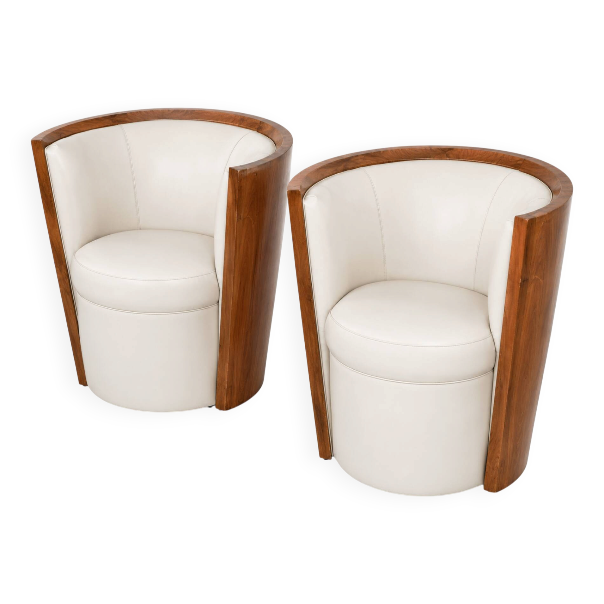 Pair of Art Deco armchairs in cream/white leather and burl veneer.