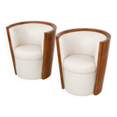 Paire de fauteuils Art Déco en cuir crème/blanc et placage de loupe