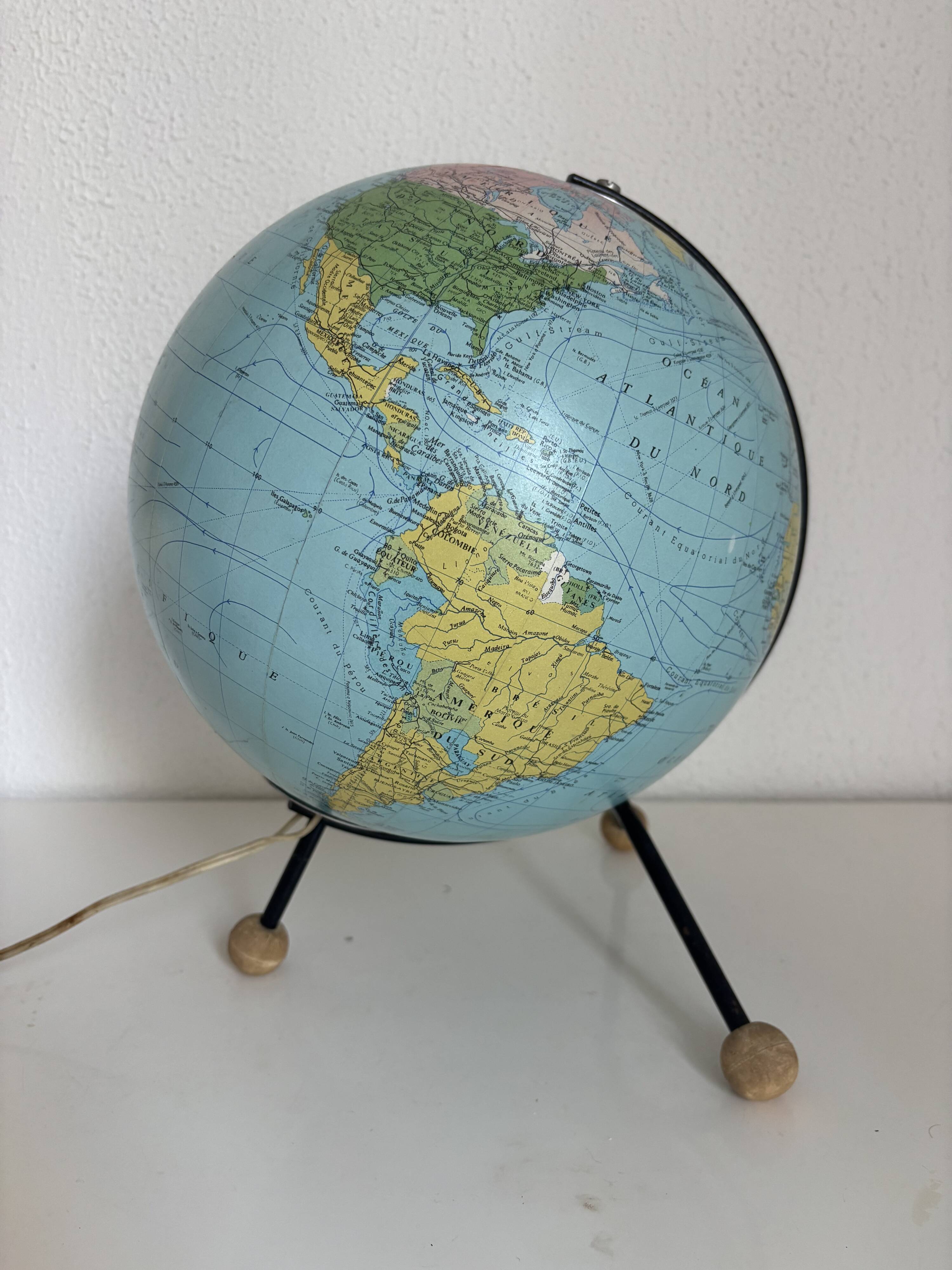 Vintage globe 1962 terrestrial world map glass tripod Taride - 32 cm