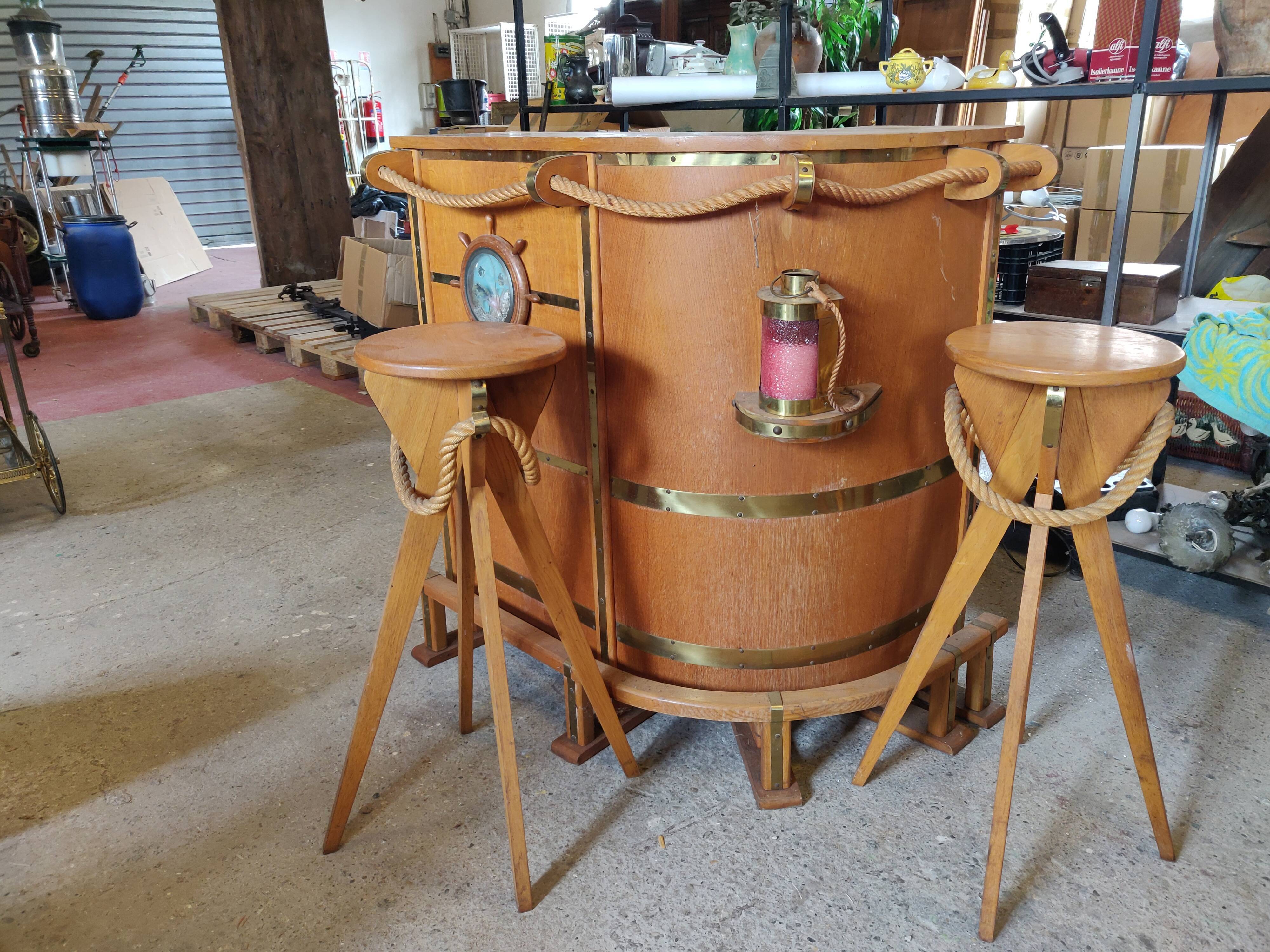 Oak corner bar and 2 stools vintage marine theme