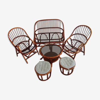 Canapé, fauteuils et table basse en rotin vintage de six pièces