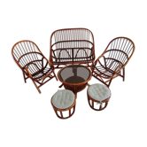 Sofa armchairs and coffee table in vintage rattan of six pieces