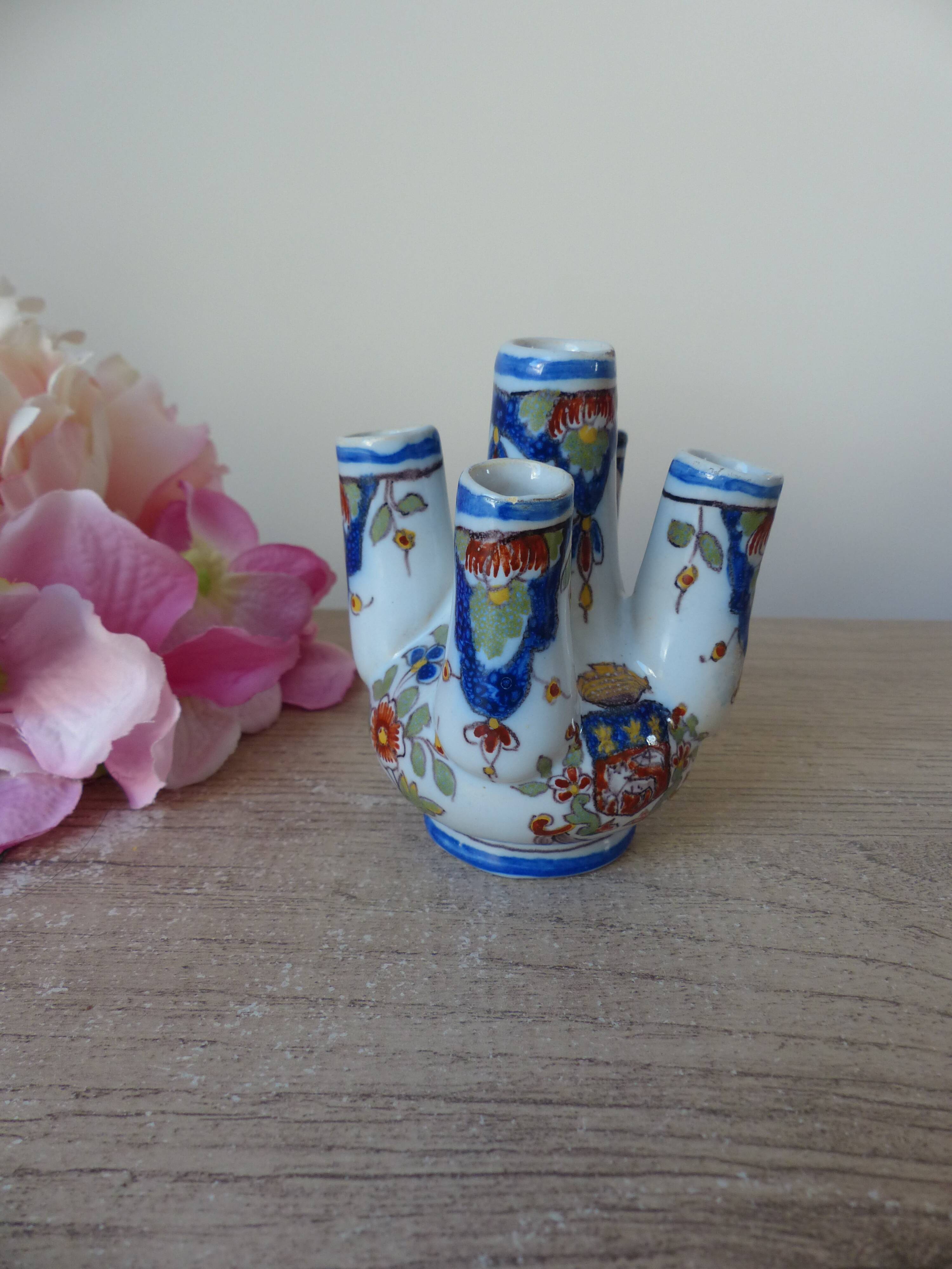 Old small flower vase, Rouen earthenware, hand-painted, miniature vase
