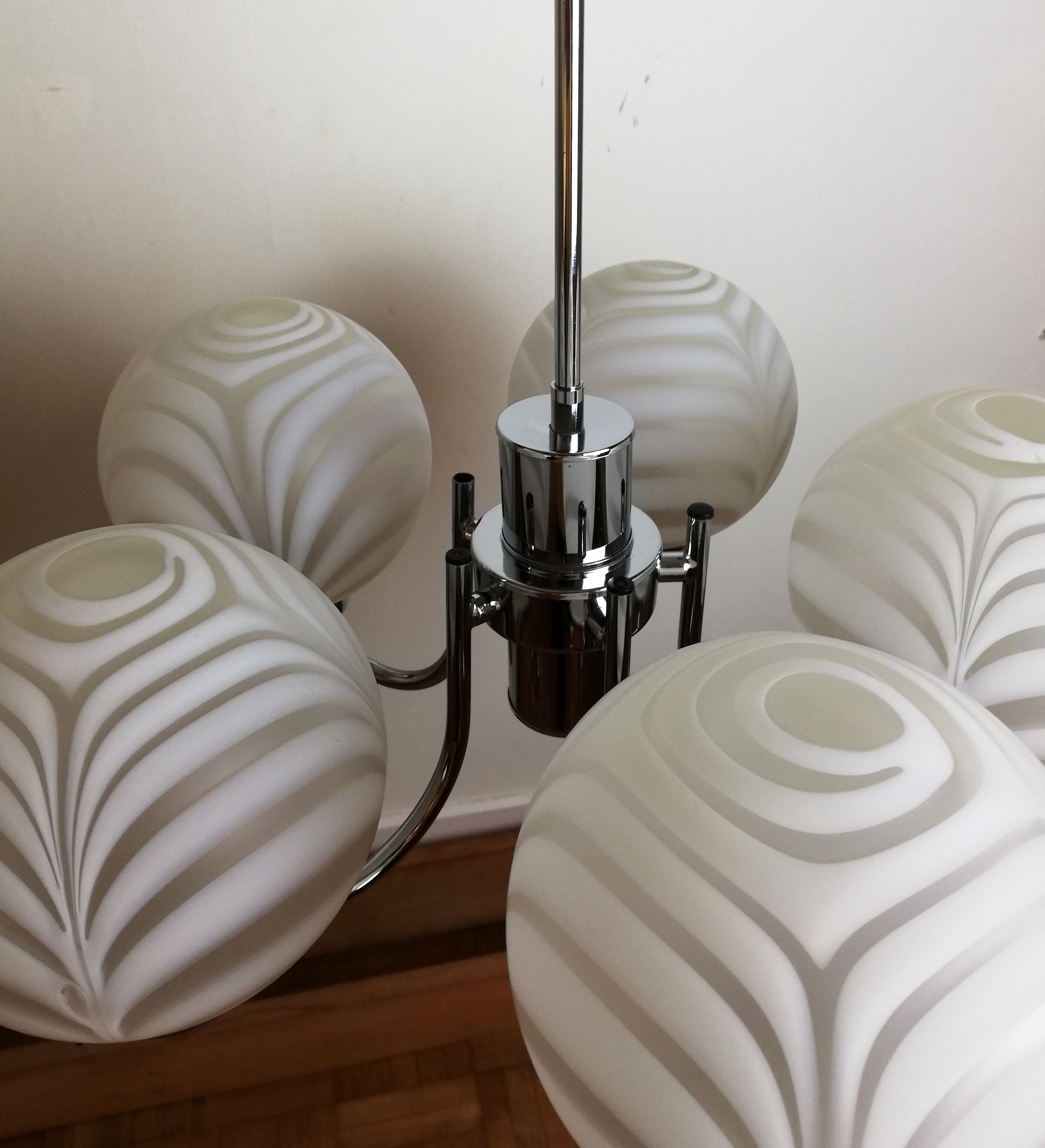 Chrome and opaline chandelier 70s
