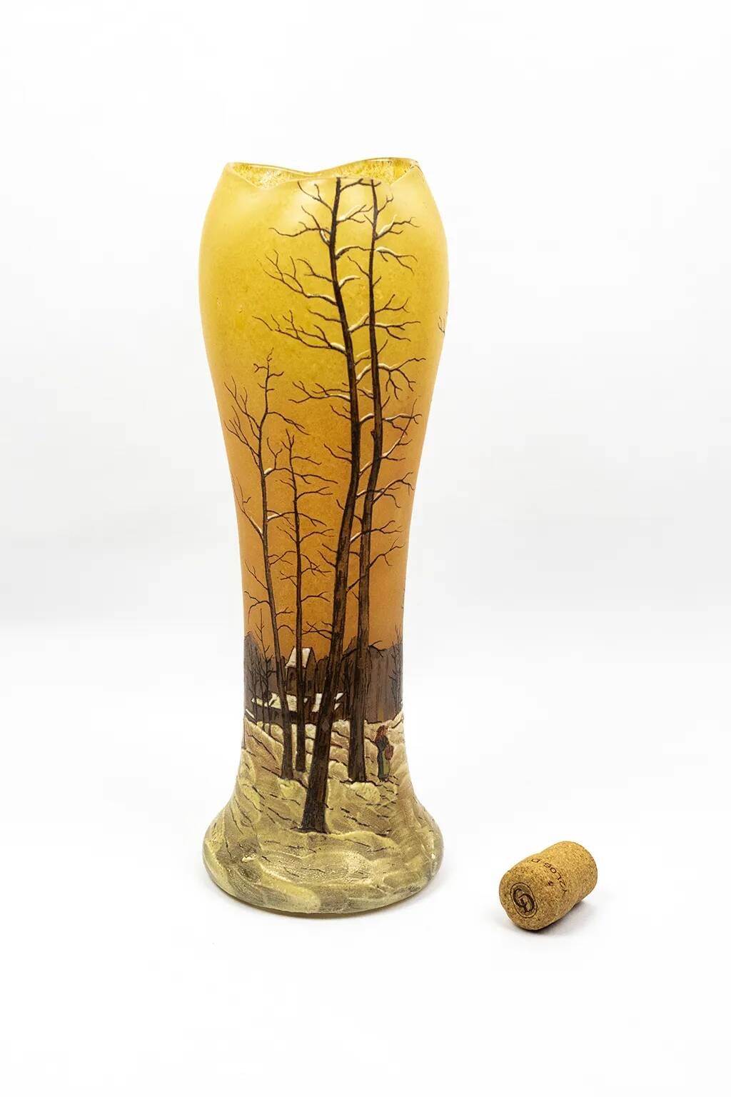 Art Nouveau vase DLG Legras, winter landscape painted with enamels, circa 1900.