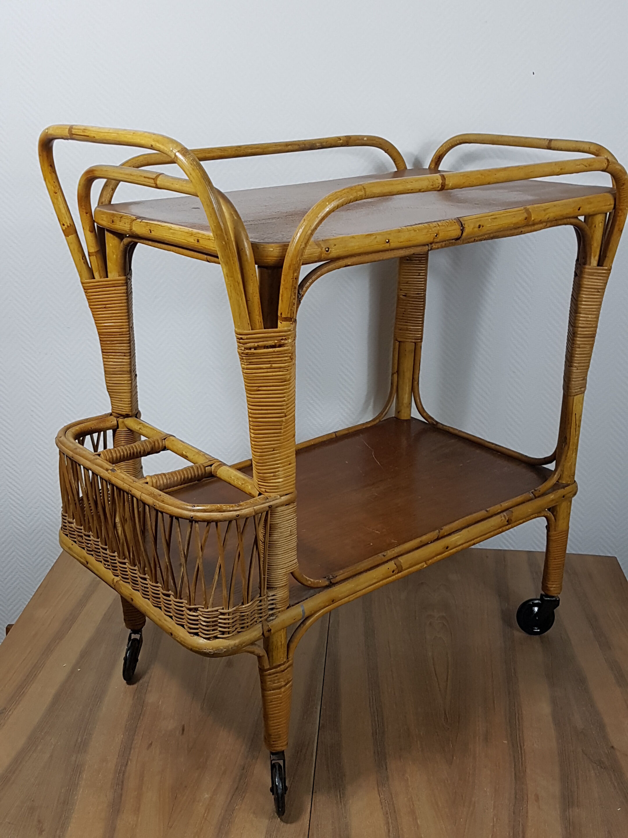 Vintage 70s rattan bar on wheels