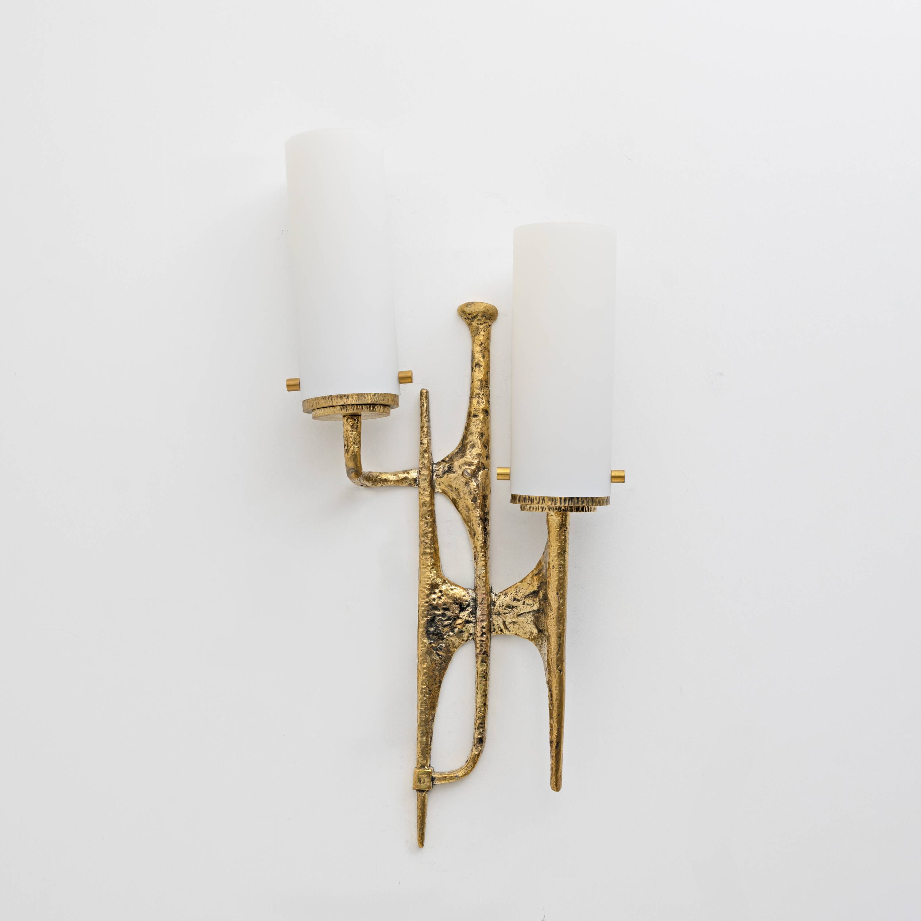 Pair of Brutalist Bronze Wall and Murano glass Sconces by Felix Agostini