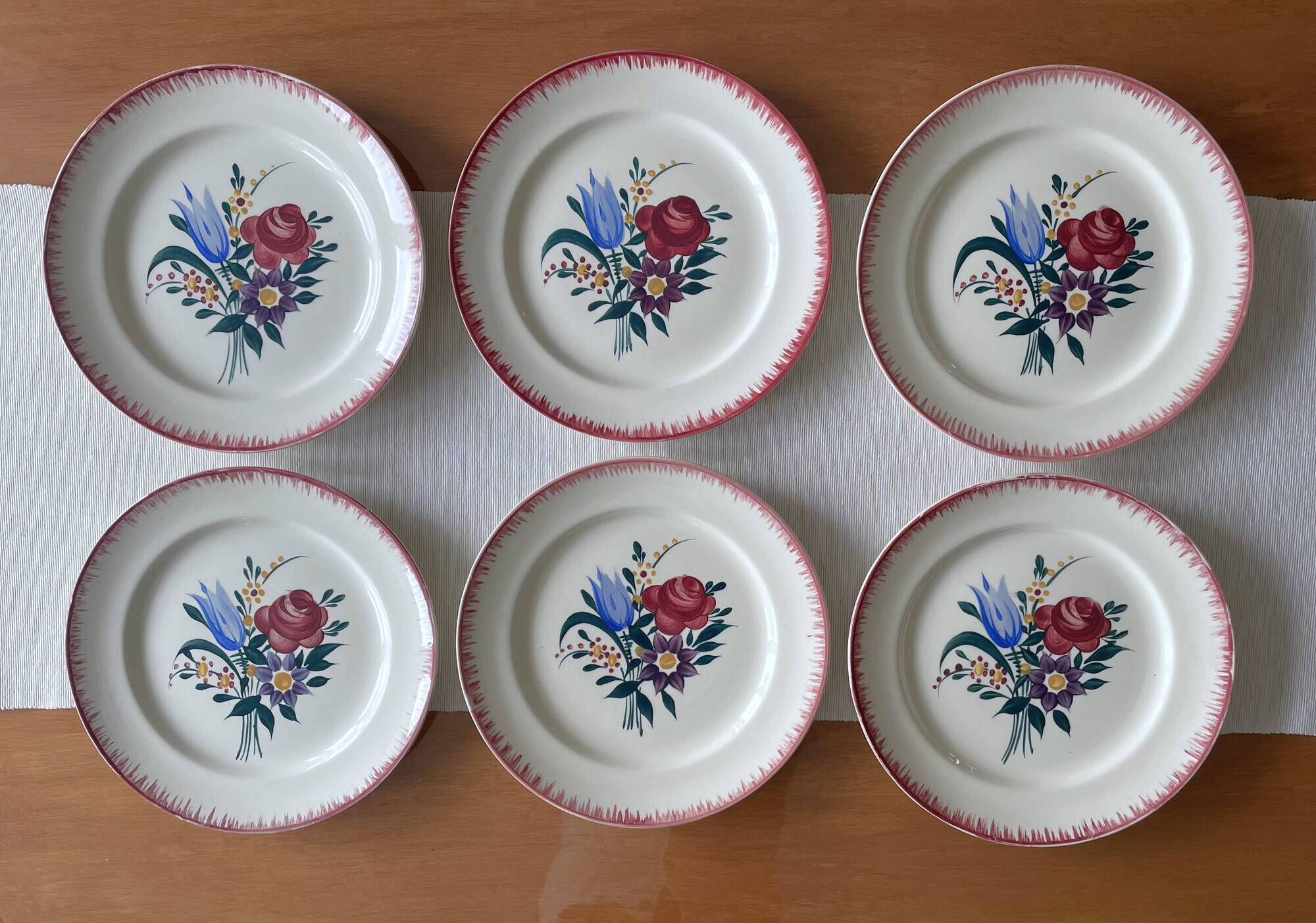 6 large antique flat plates in B.F.K. earthenware.