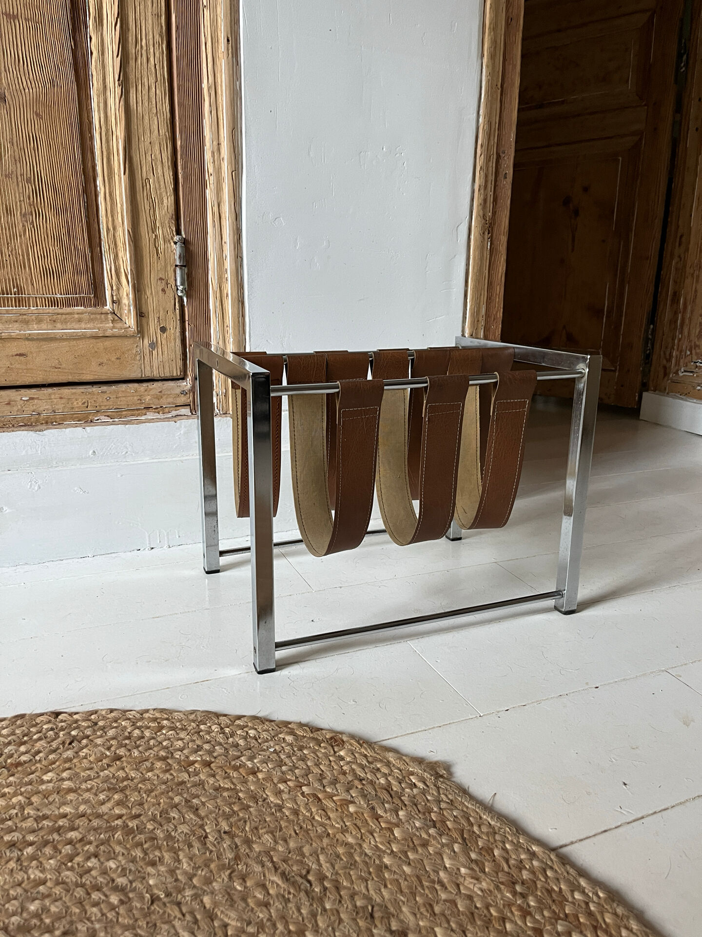 Vintage chrome steel and leather magazine rack – 1970s