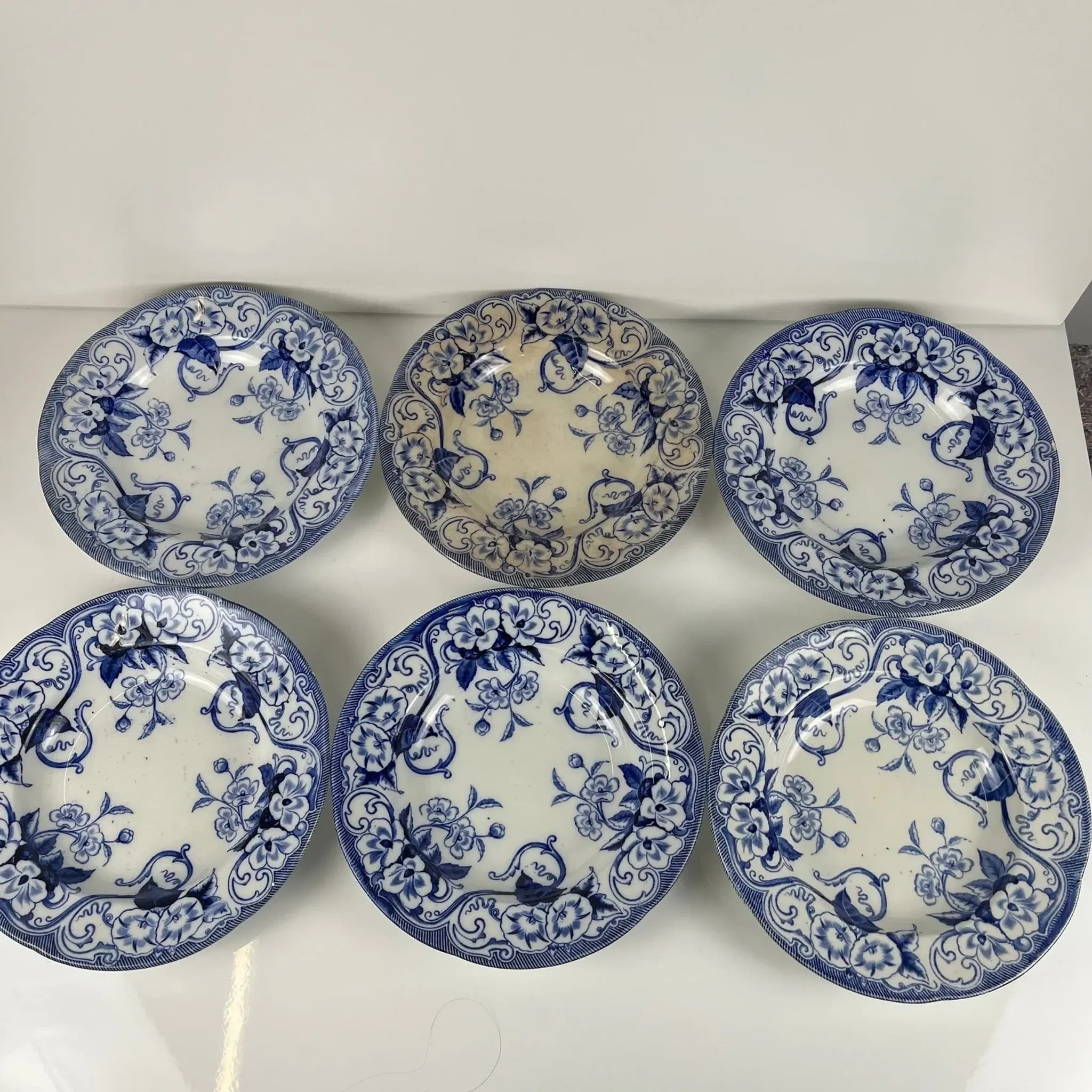 Set of 6 deep plates in ironstone "Flora" – Creil et Montereau, 19th century, blue
