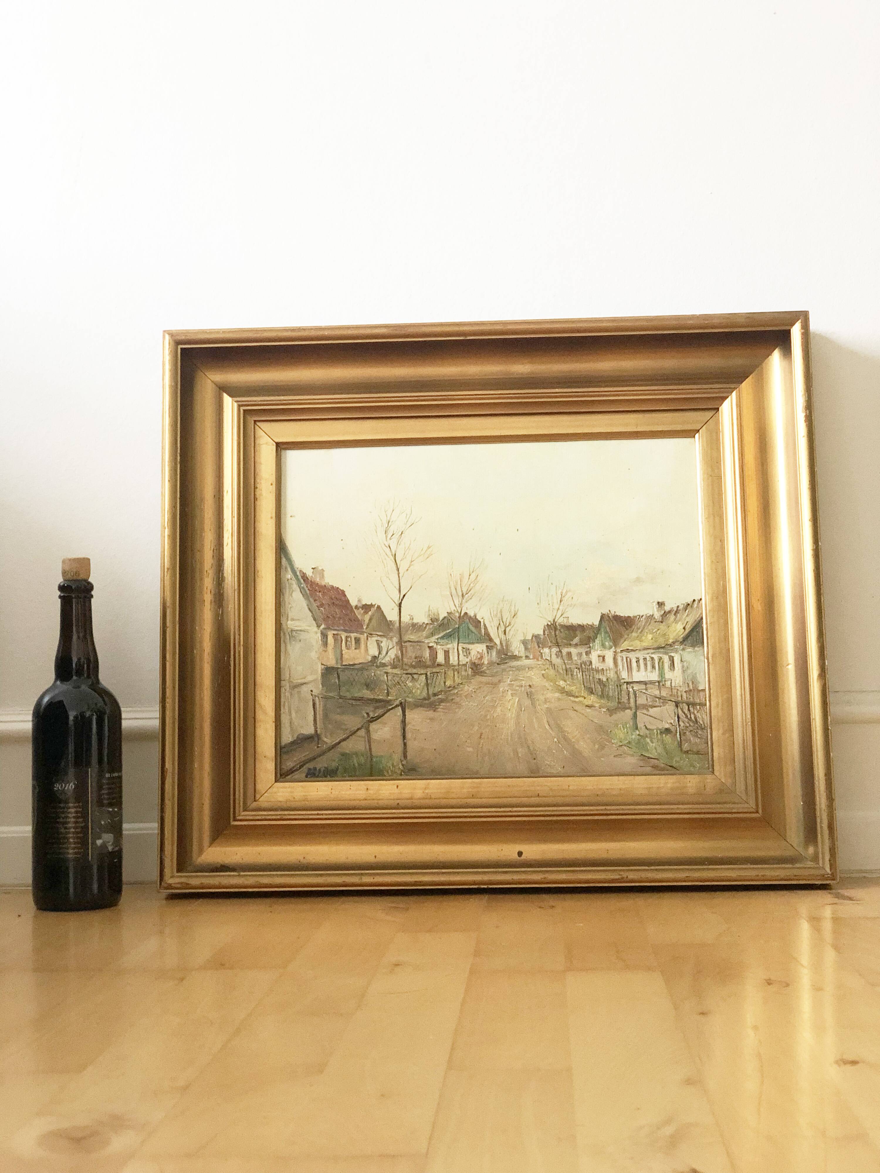 Vintage European Village Original Oil Painting with Cottages, circa 1940