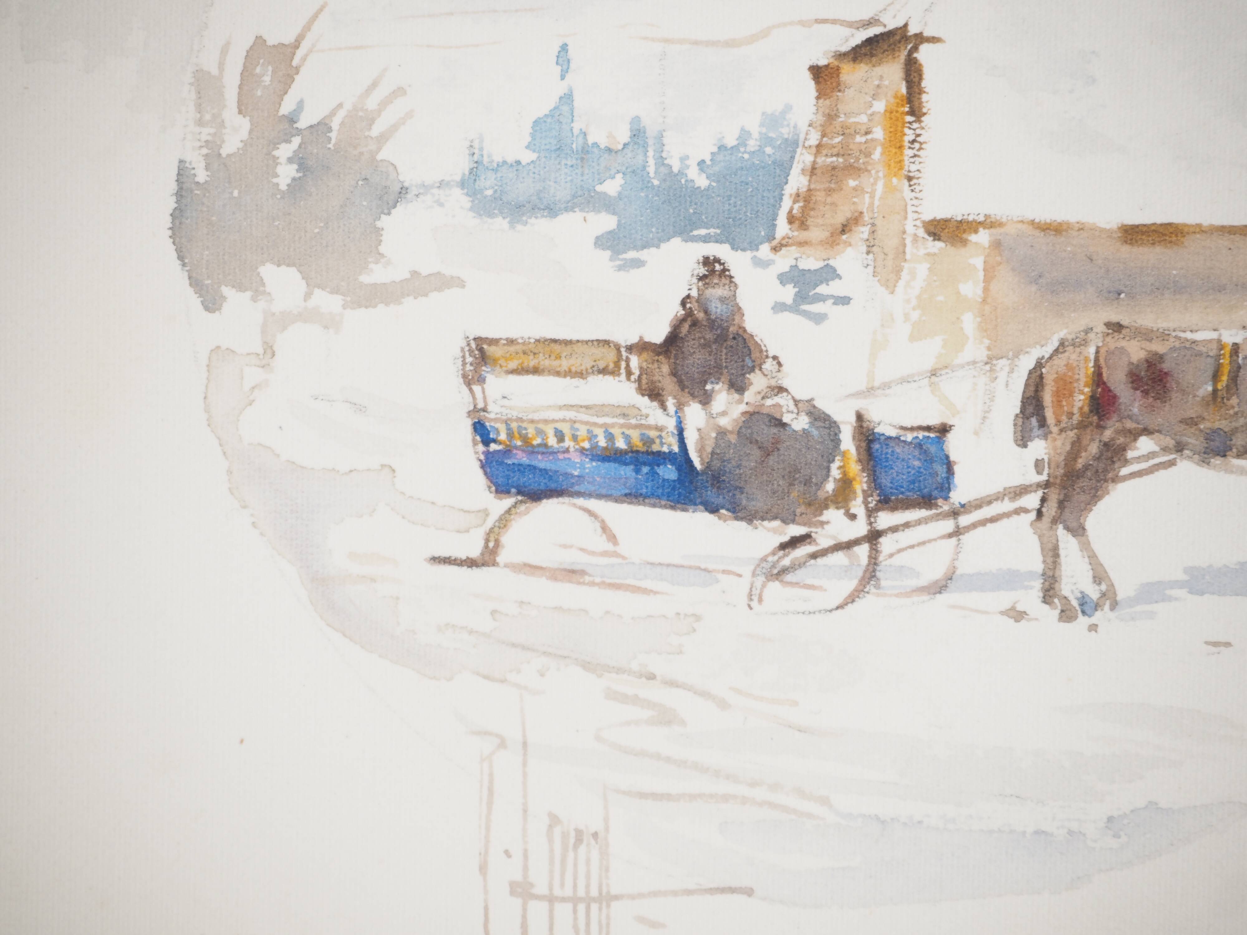 René leverd: switzerland, carriage ride in lagnau, original signed watercolor