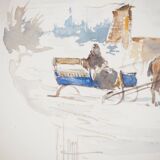 René leverd: switzerland, carriage ride in lagnau, original signed watercolor
