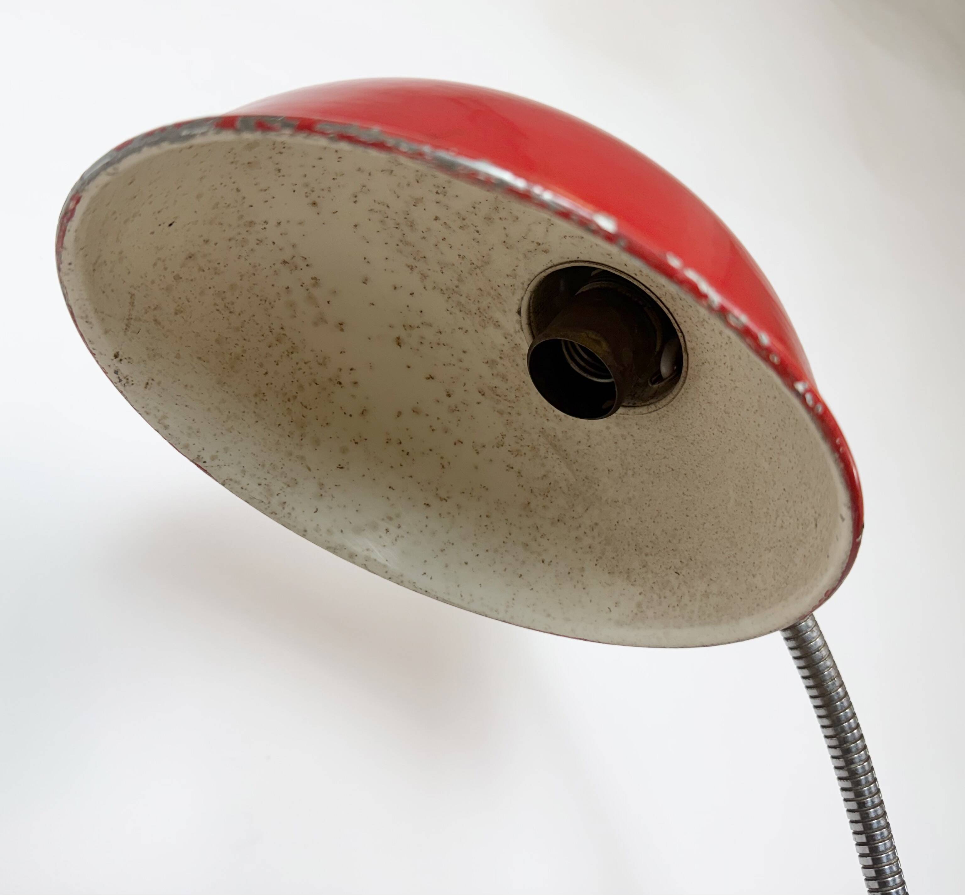 Large Red Industrial German Workshop Table Lamp from Helo Leuchten, 1950s