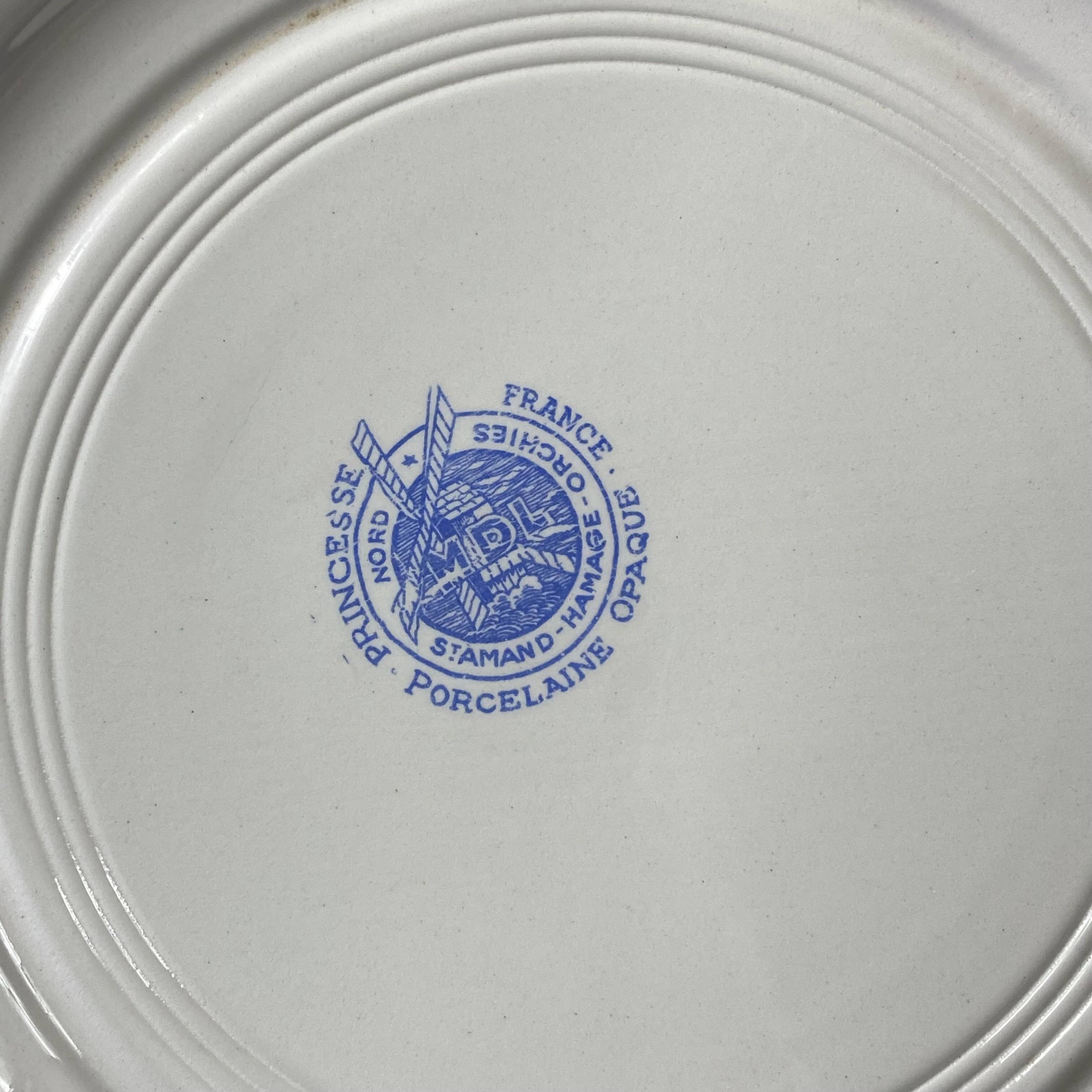 6 blue antique earthenware plates with flowers and gilding from Saint Amand Hamage.
