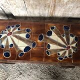 Old 70's Coffee Table Wood + Vintage Painted Ceramic Tiles #A608