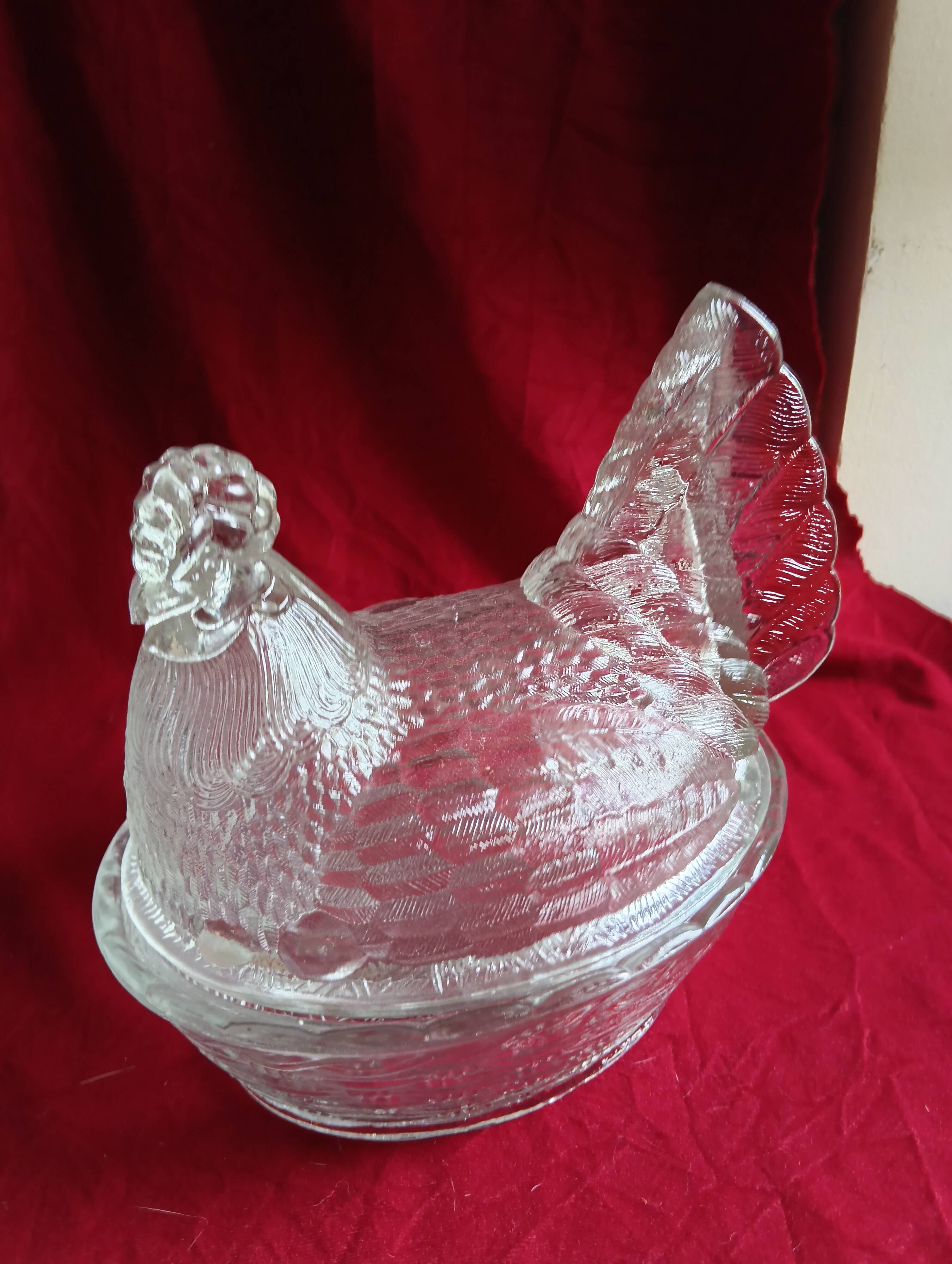 Old hen on her moulded glass nest - vintage sweet jar
