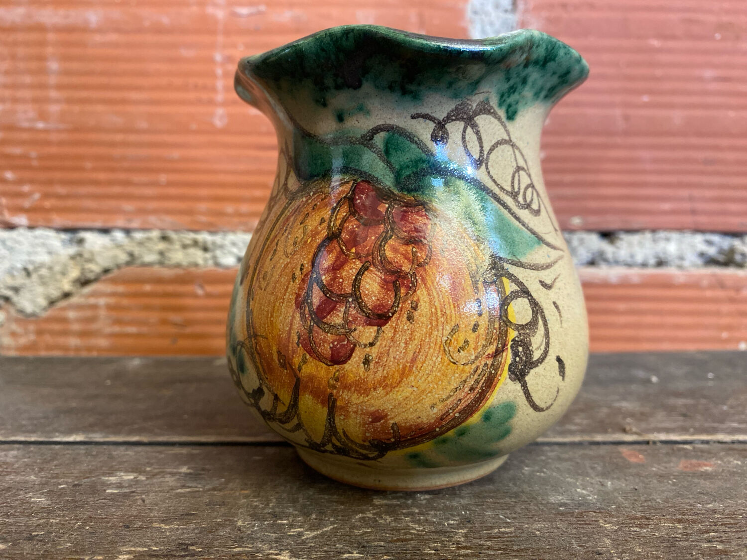 Vintage 1970s Beige Ceramic Vase with Painted Decoration