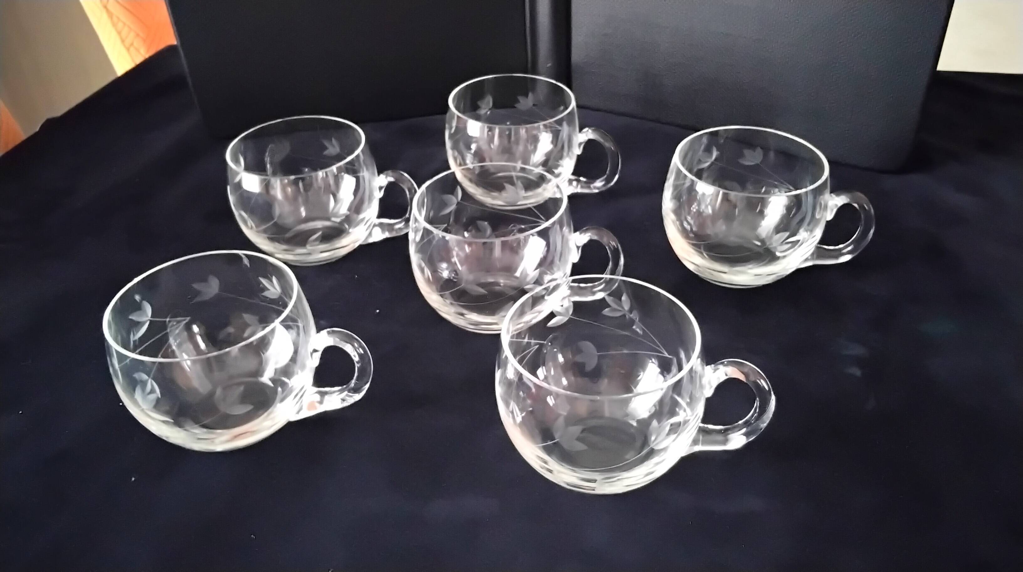 6 engraved glass punch bowls or cups