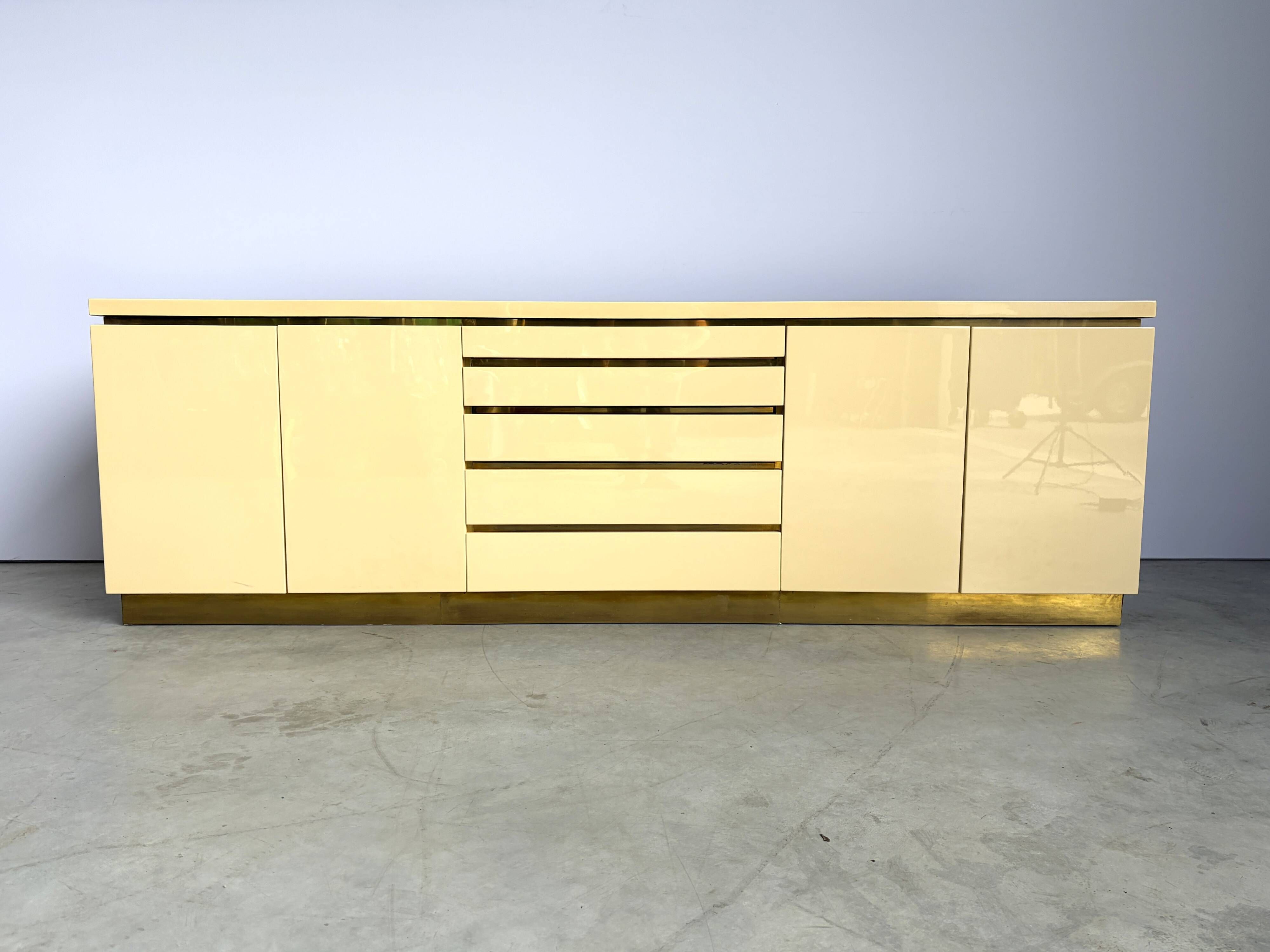 Brass and lacquer credenza by Jean Claude Mahey, 1970s