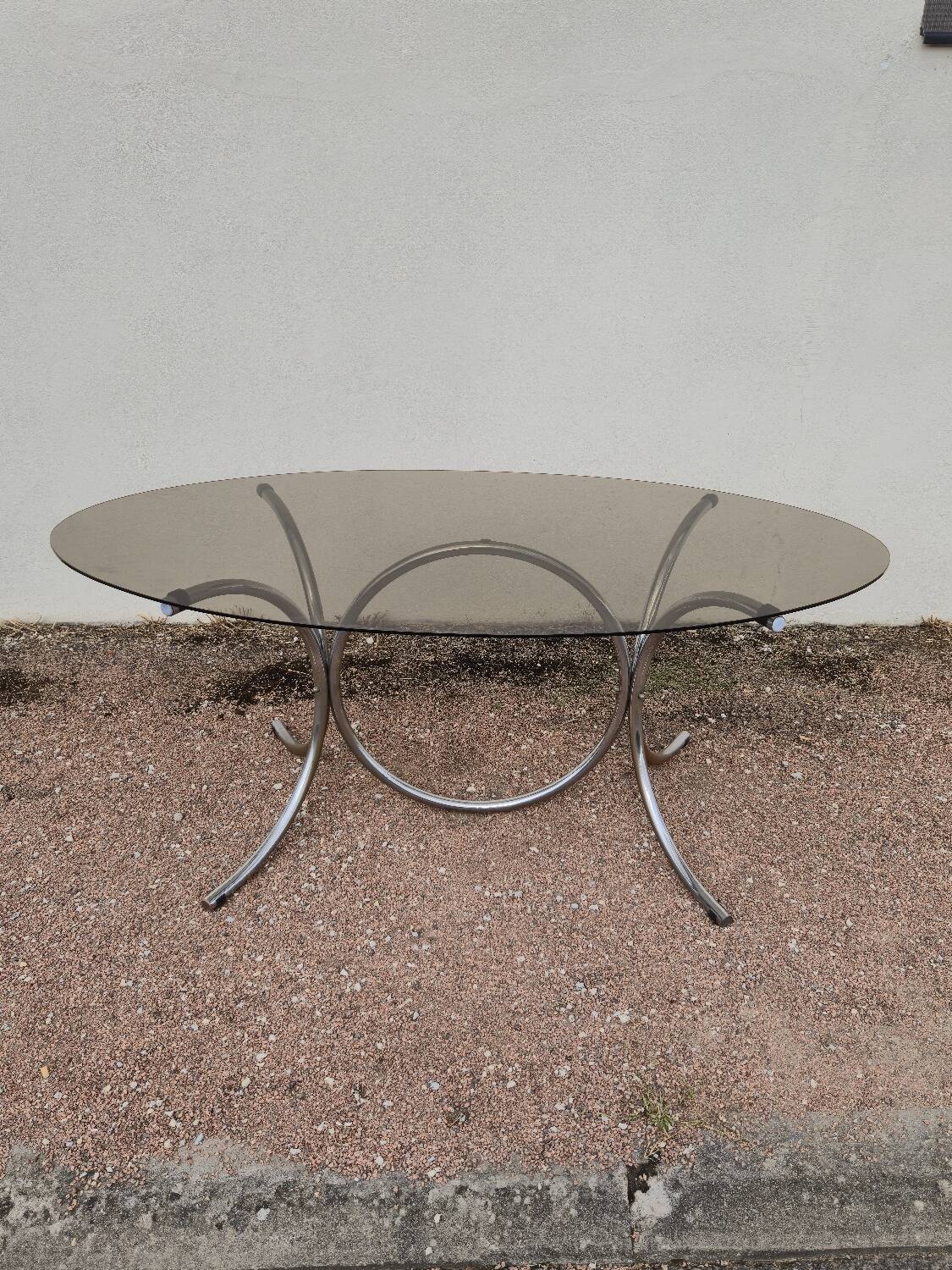 Vintage oval design table in smoked glass and chrome legs