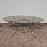 Vintage oval design table in smoked glass and chrome legs