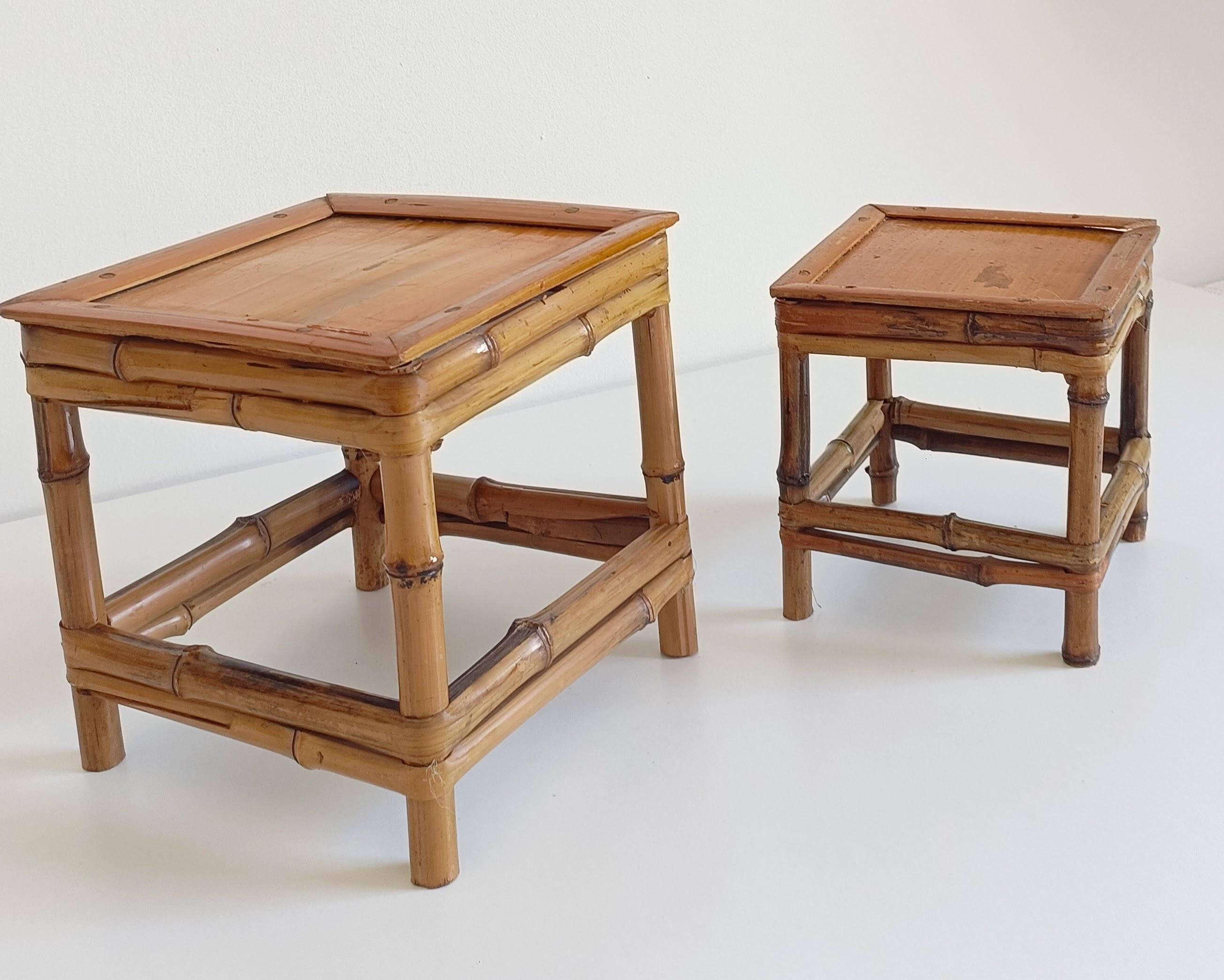 1950s Mid-Century French Bamboo and Wood Plant Pedestals, Hand-Crafted