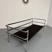 Three-seater tubular chrome and black leather sofa by Kébé, Denmark 80