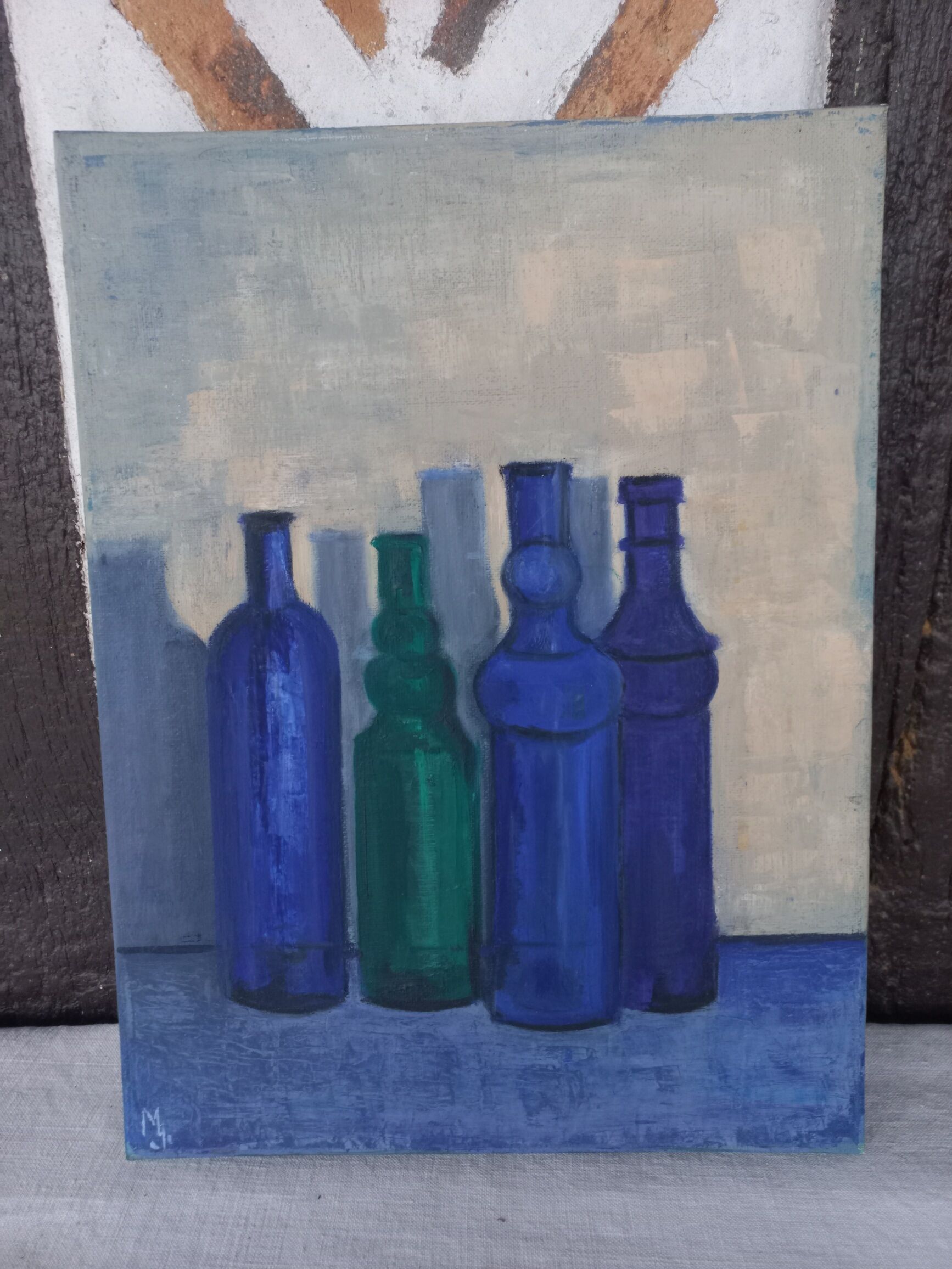 Still life on canvas bottles signed Majo Hilbey Poléo