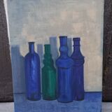 Still life on canvas bottles signed Majo Hilbey Poléo
