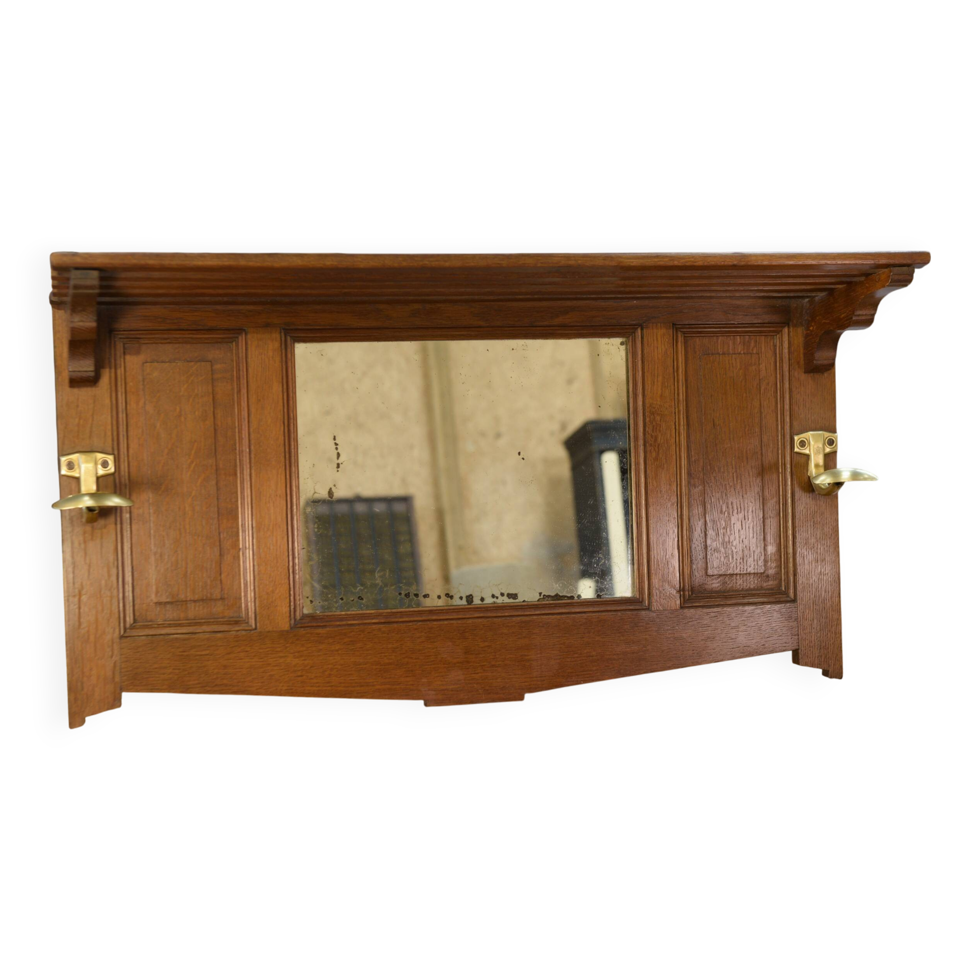 Solid oak coat rack and 2 brass hooks, Art Deco 1930s