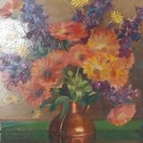 Huile sur bois "bouquet de fleurs"