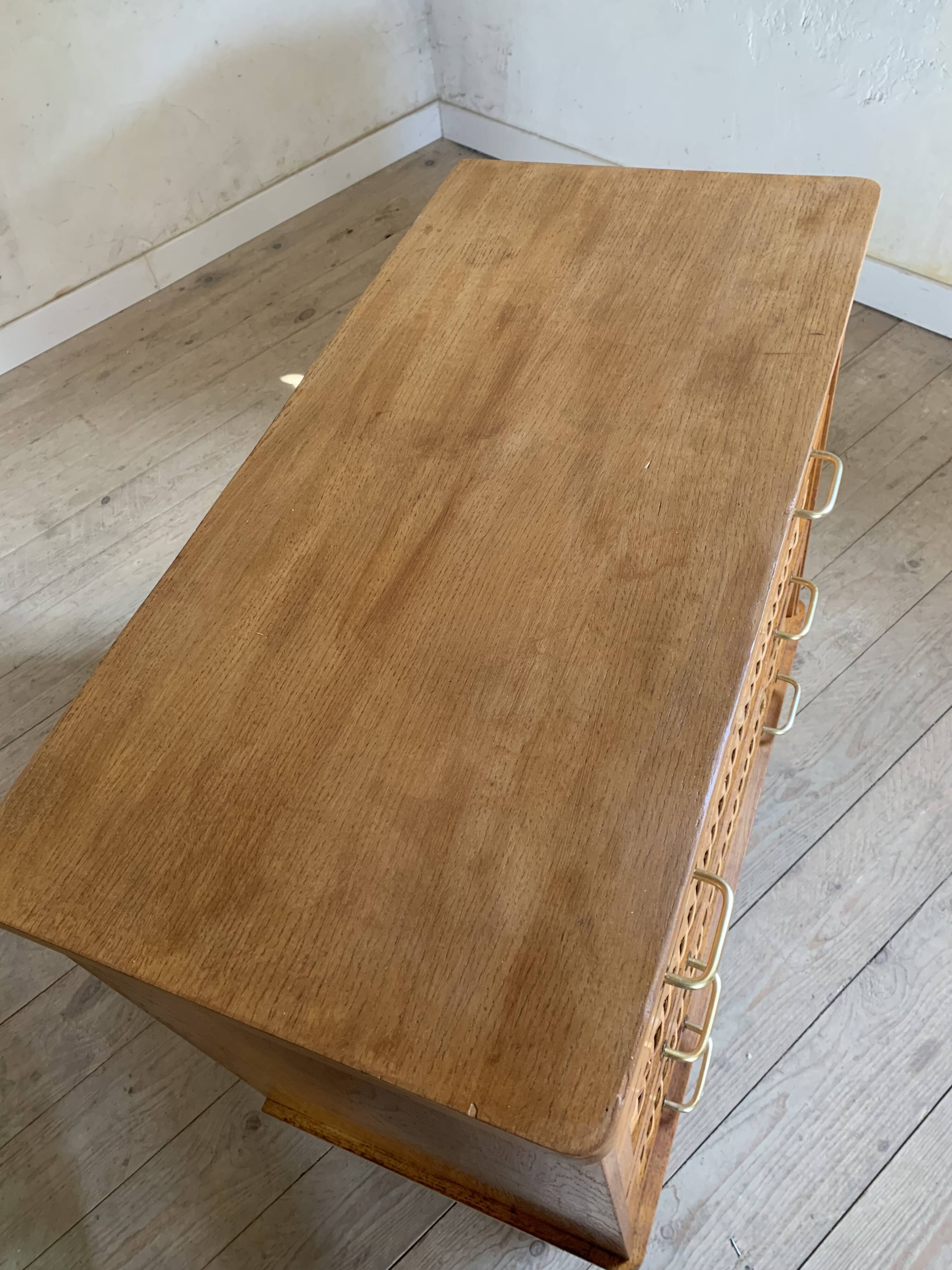 Vintage oak and rattan chest of drawers