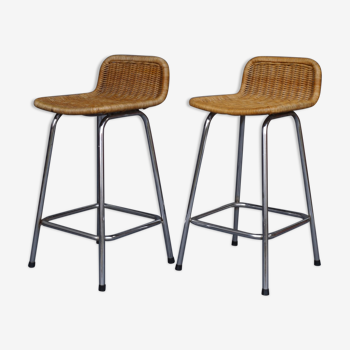 Chromed steel and rattan bar stools from Rohé Noordwolde, 1960s, Set of 2