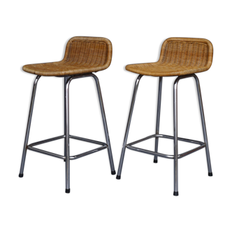 Chromed steel and rattan bar stools from Rohé Noordwolde, 1960s, Set of 2