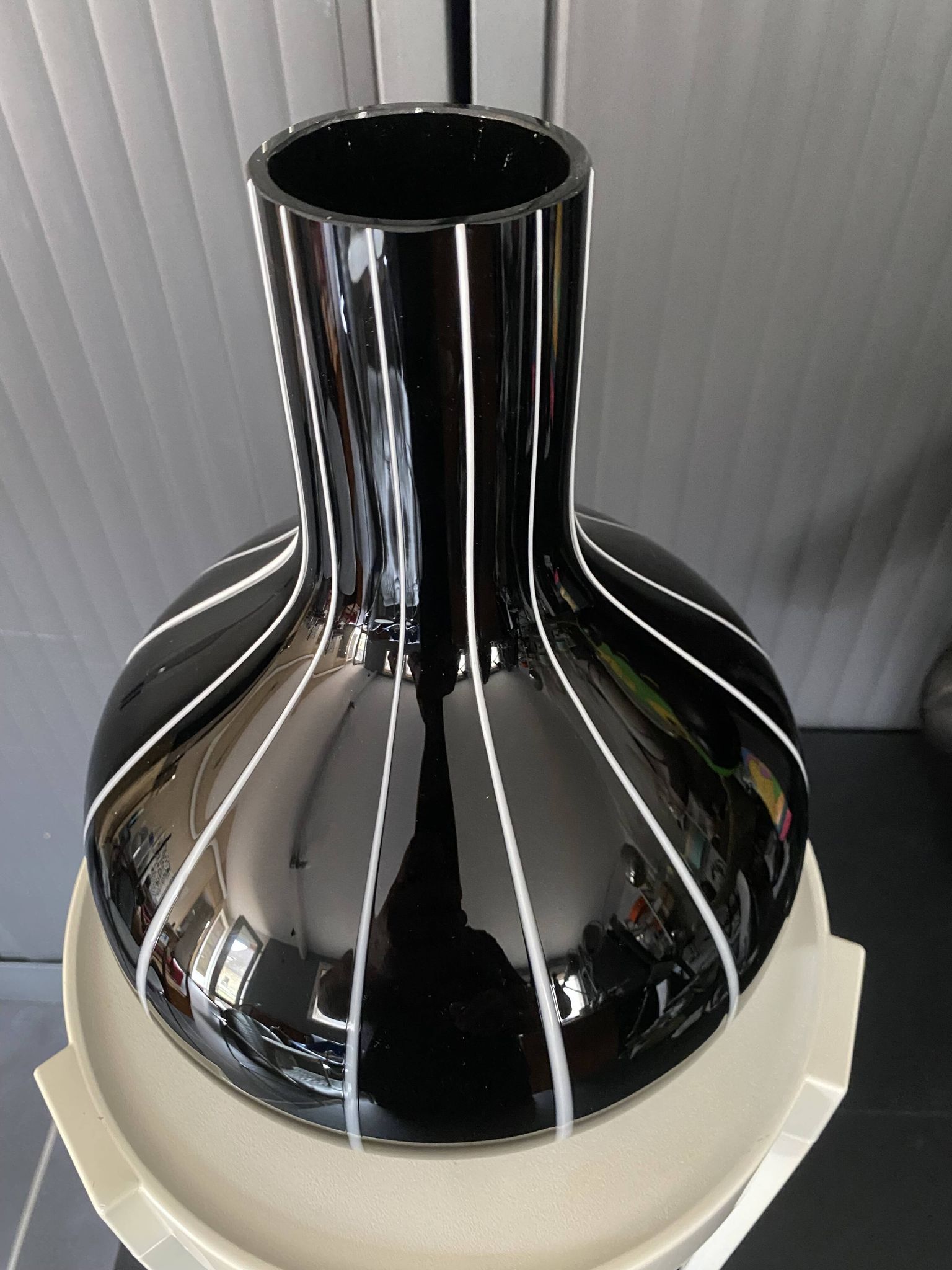 Black glass vase with white stripes, vintage 1950.