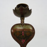 Pair of old bronze cobra candle holders with detailed engraving. Around 1950