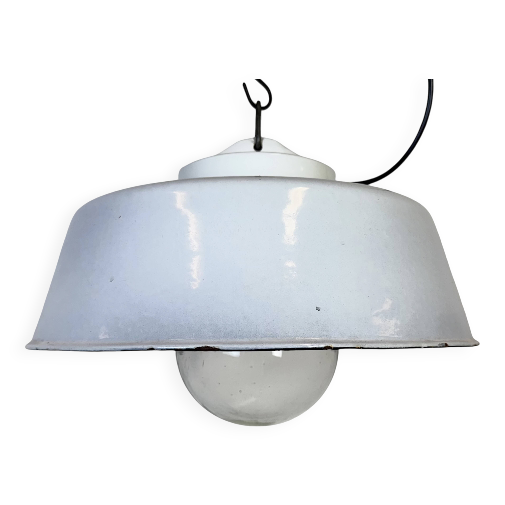Industrial Grey Enamel Factory Pendant Lamp with Glass Cover, 1960s