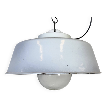 Lampe à suspension industrielle en émail gris avec couvercle en verre, années 1960