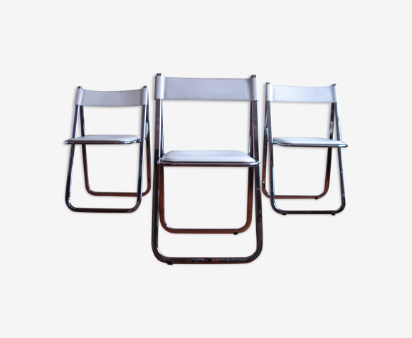 3 chaises pliantes vintage Arrben Tamara en chrome et cuir blanc