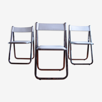 3 chaises pliantes vintage Arrben Tamara en chrome et cuir blanc