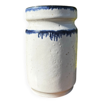 Pretty pot or vase in glazed stoneware with blue drip effect.
