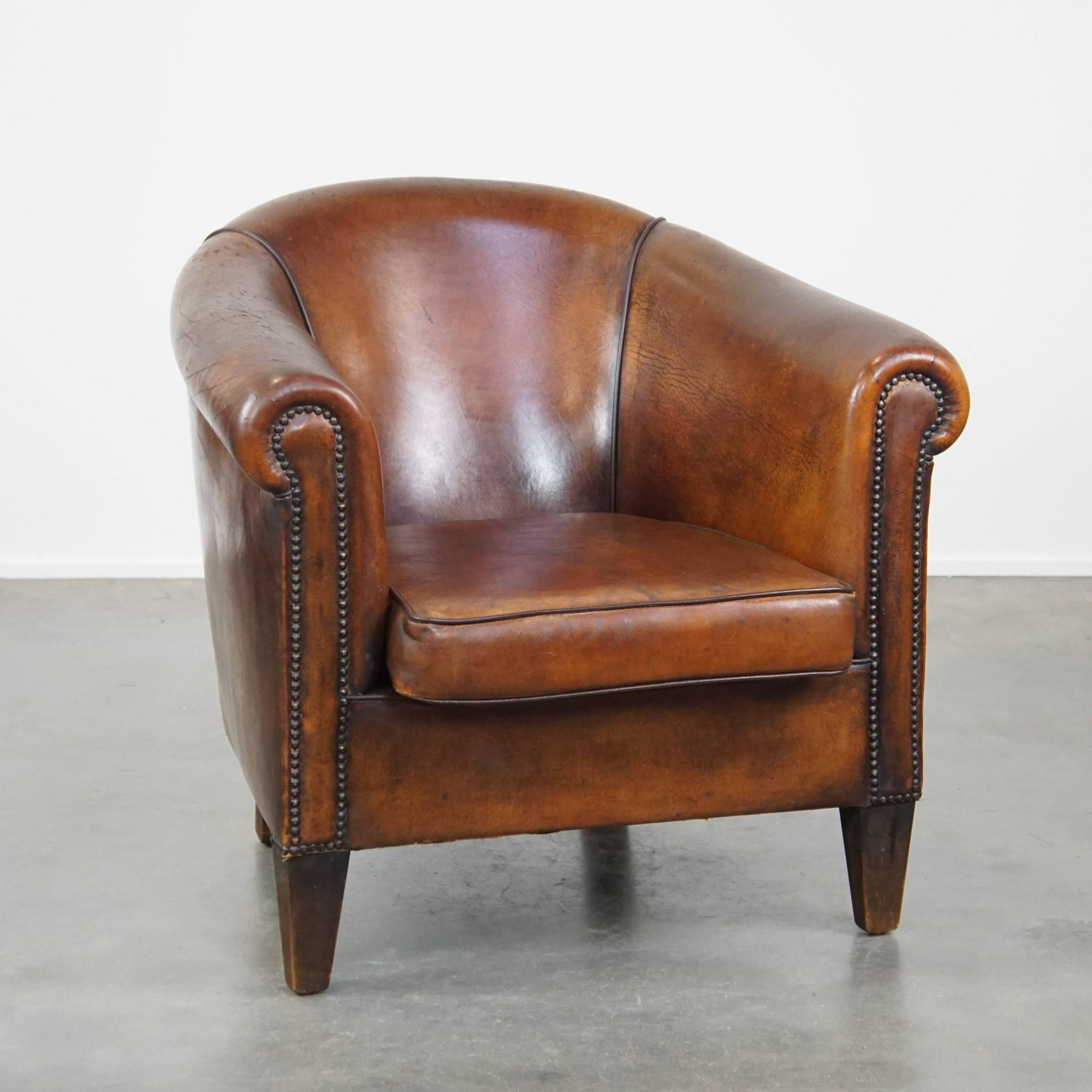 Cognac-Colored Vintage Sheepskin Leather Club Armchair