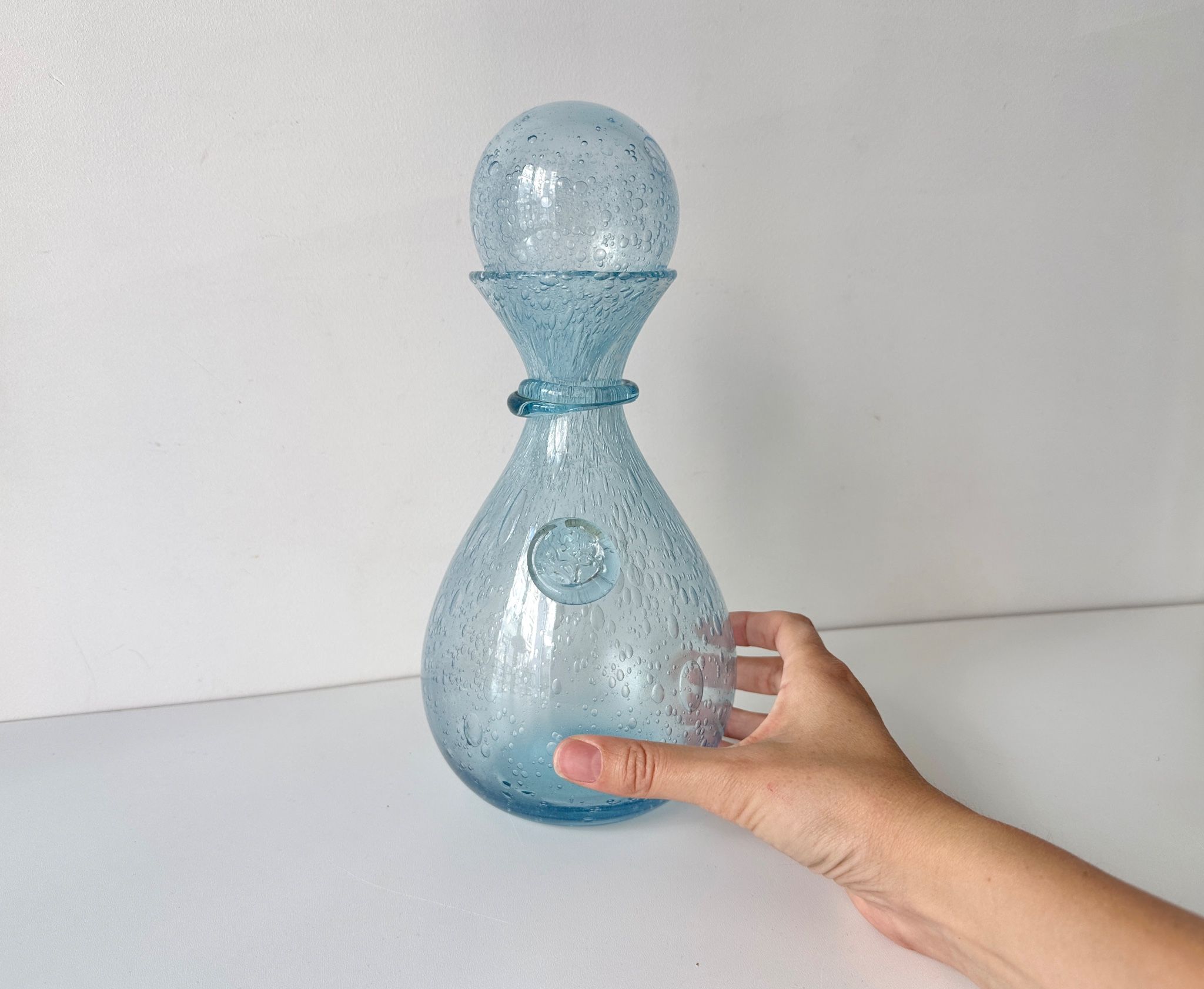 Vintage 1960s blue bubble glass BIOT carafe