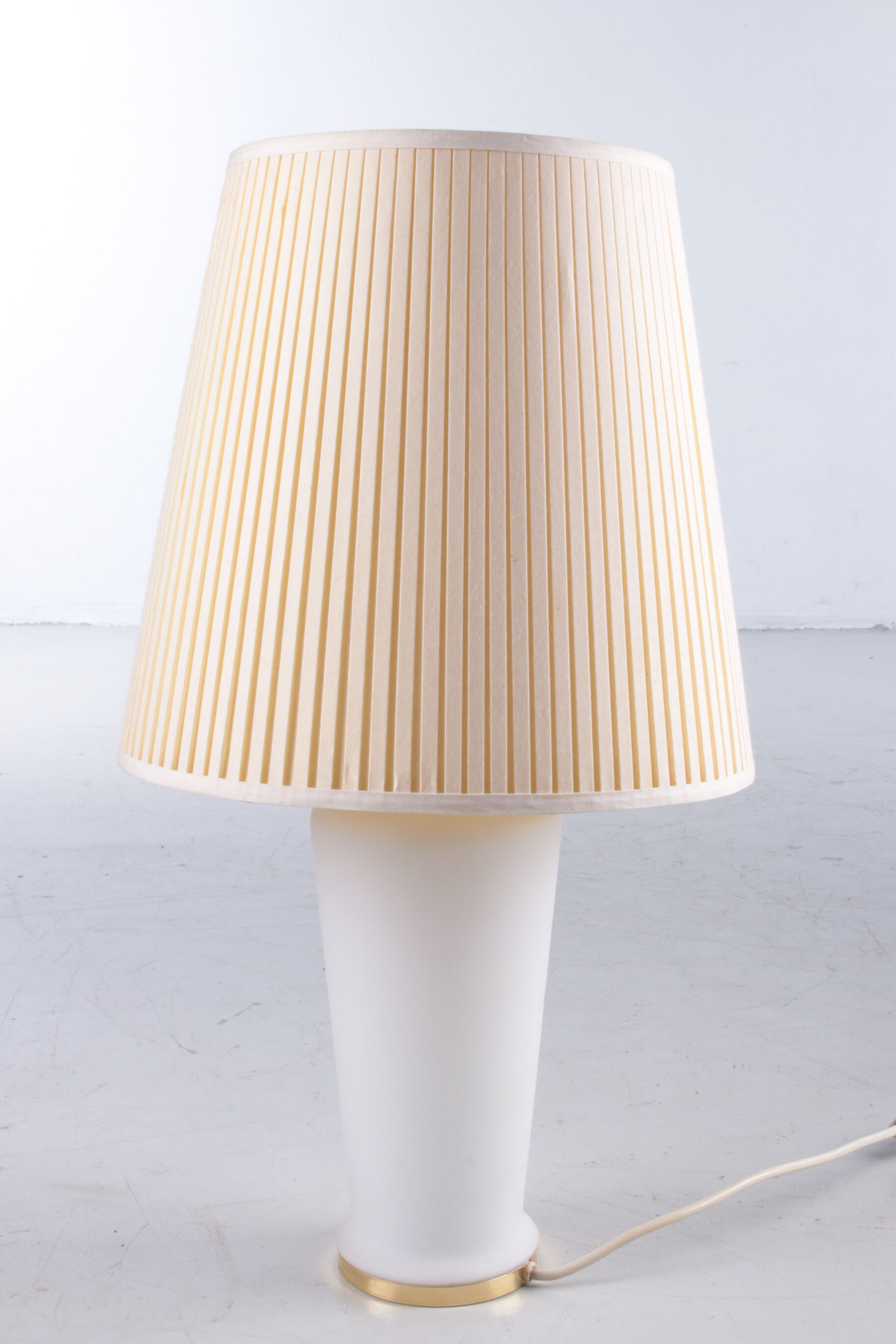 White glass table lamp with a pliche fabric shade, 70s.