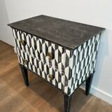 Small Italian chest of drawers with two drawers, patinated with a trompe-l'œil checkerboard pattern