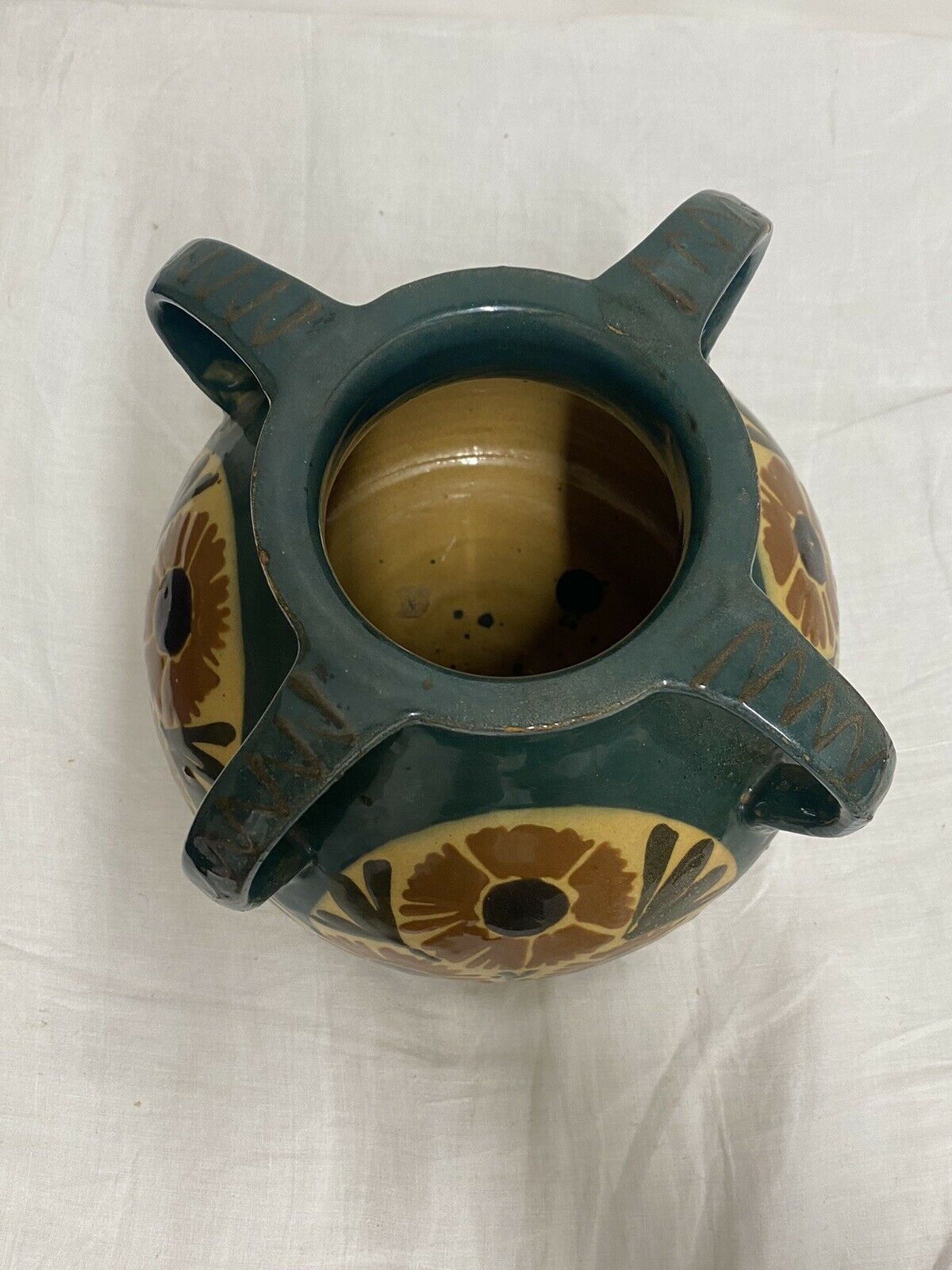 Vase Elchinger ceramic 4 detached handles polychrome floral decoration