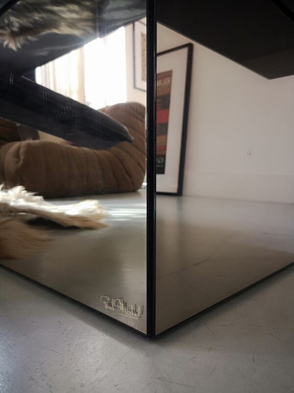 Table basse en loupe d'orme et verre fumé, signée paul michel, 1970