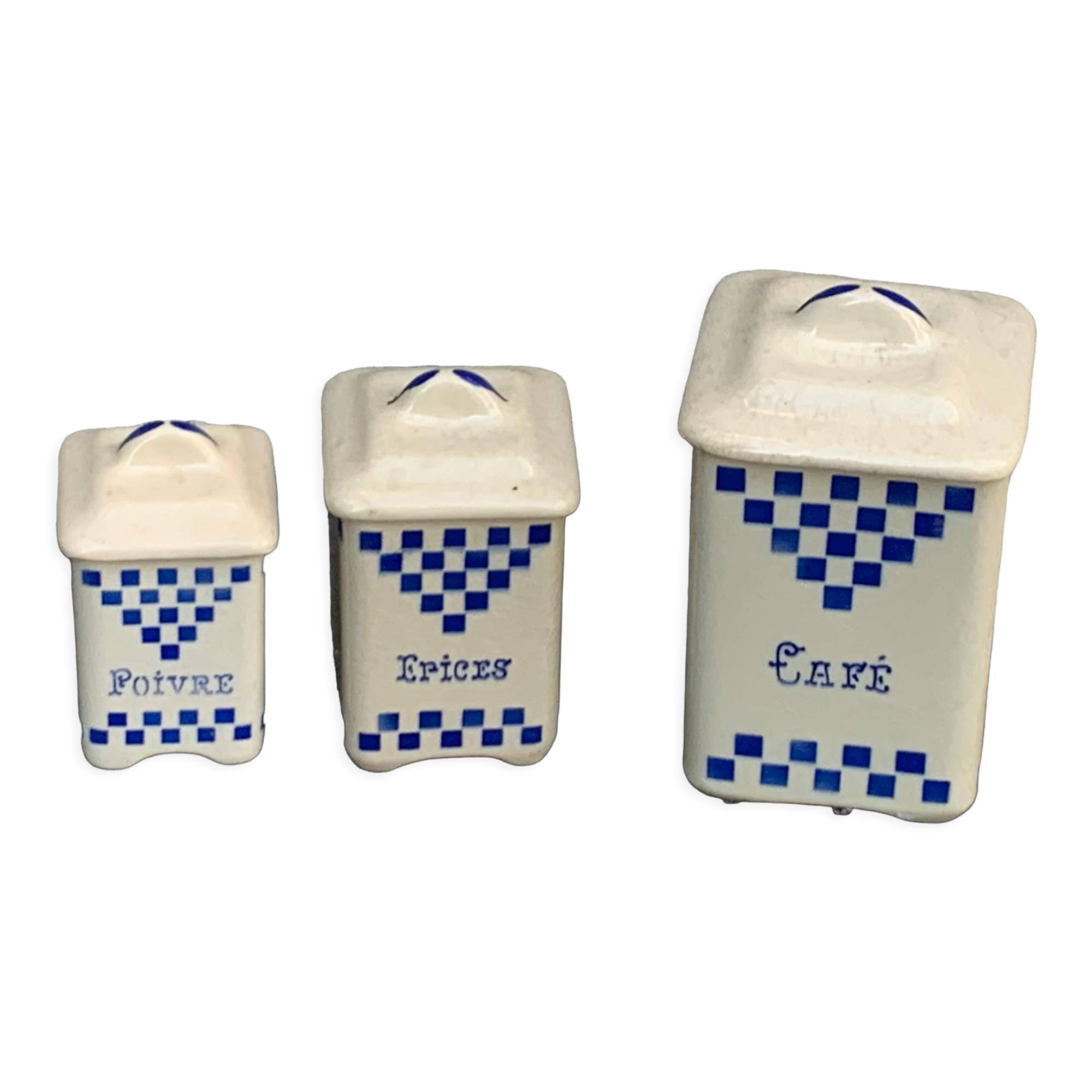 Set of 3 earthenware spice pots geometric pattern art deco period