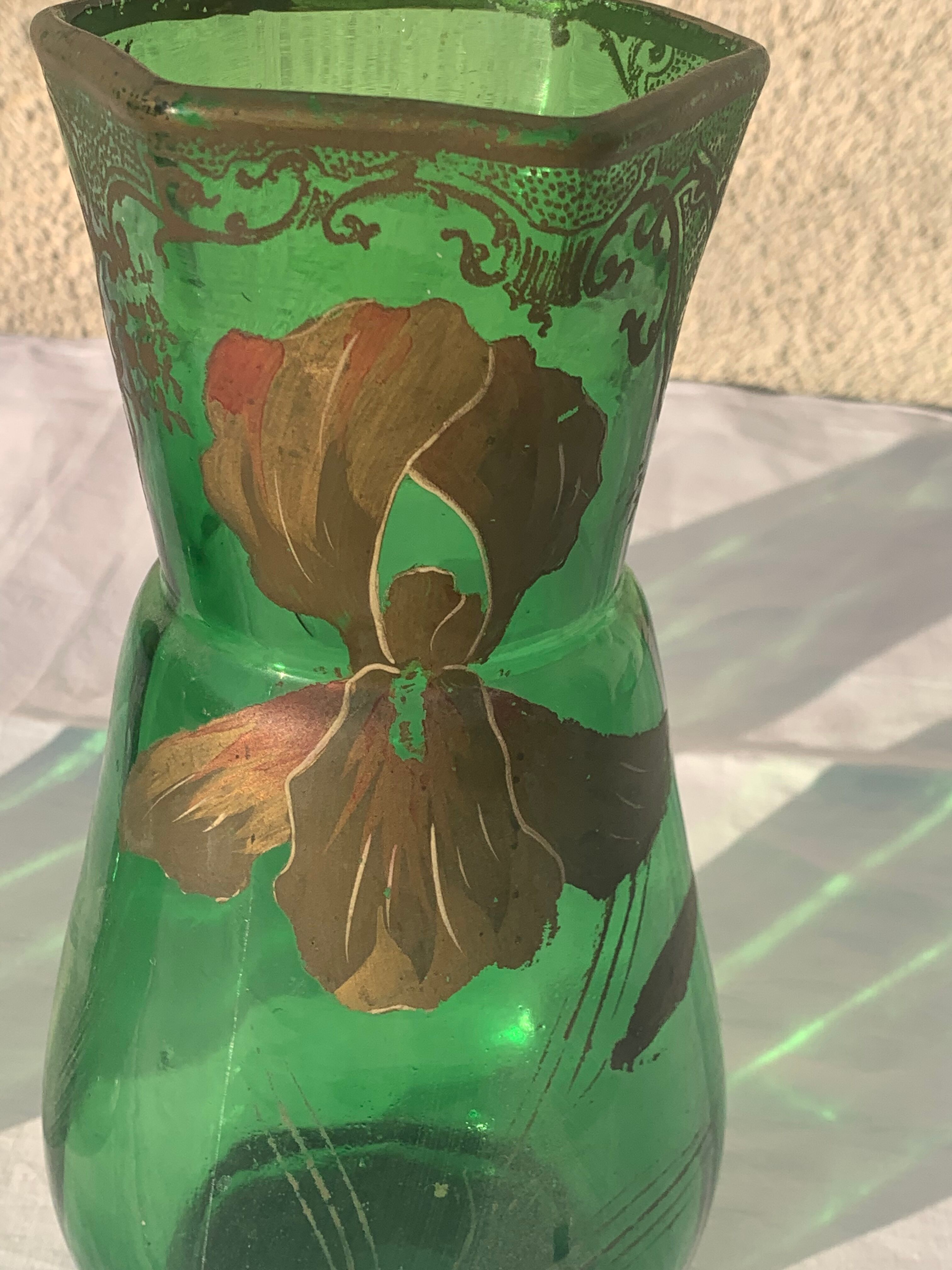 Pair of iris vases gilded transparent glass green and iris hand painted art nouveau, collector